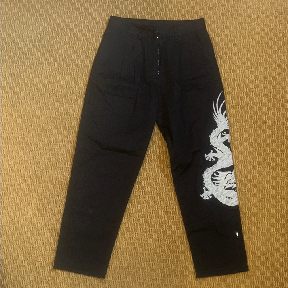 Woman’s Maharishi Black Trousers with White Dragon Embroidery
